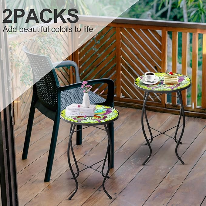 2PCS 12 Inch Small Outdoor Side Table with Colorful Butterfly, Glass Mosaic Patio Table Indoor - Photo 4