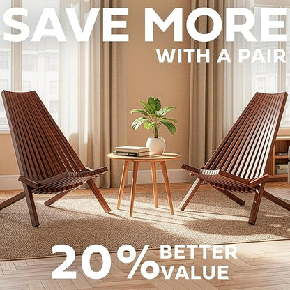 Melino 2PCS Wooden Folding Tamarack Chairs, FSC Certified Acacia Low Profile Adirondack Chairs, Wood Folding Chair for Outdoor, Patio, Porch, Pool, Backyard, Garden, Balcony and Deck - Chestnut - Pair