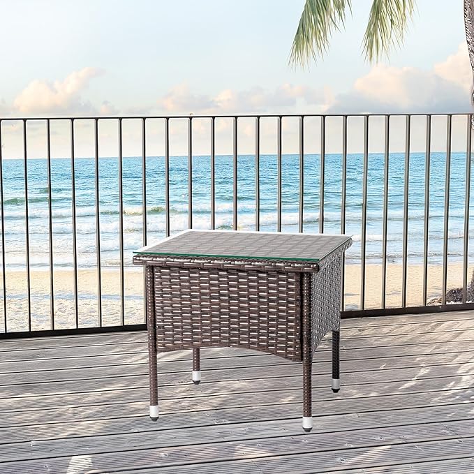 20 inch Patio Side Table, Outdoor Patio Wicker Square End Table with Adjustable Feet Pads and Double Storage Layer, All-Weather Rattan Coffee Tables Porch Furniture for Backyard Poolside Garden