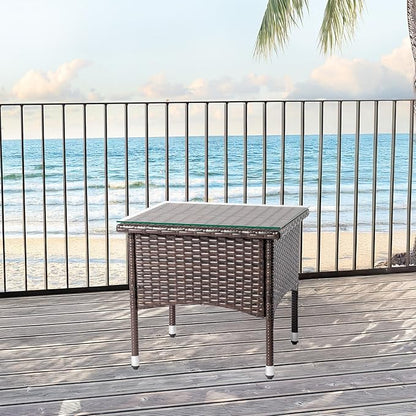20 inch Patio Side Table, Outdoor Patio Wicker Square End Table with Adjustable Feet Pads and Double Storage Layer, All-Weather Rattan Coffee Tables Porch Furniture for Backyard Poolside Garden