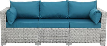WAROOM Outdoor Couch 3 Seater Wicker Patio Sofa Grey Rattan Balcony Furniture Deep Seat Porch Seating, Peacock Blue Cushion