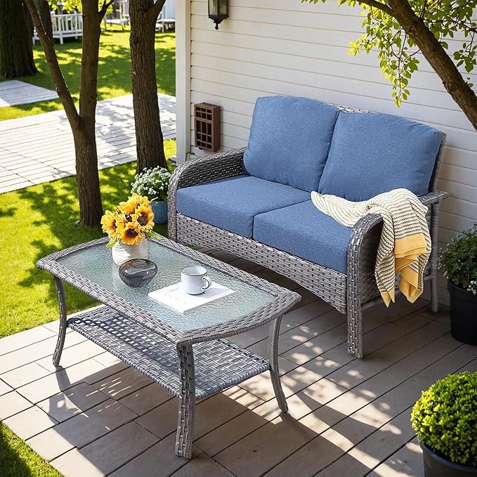 HOOOWOOO Patio Furniture Set, Outdoor High Back Loveseat Set, All Weather Wicker 2-Seater-Sofa Love Seat with Long Table - Photo 1