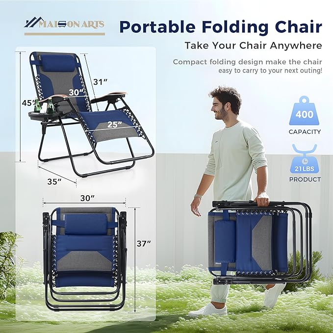 MAISON ARTS Oversized XXL Padded Zero Gravity Chair Set of 2, 30" Wide Seat Foldable Patio Recliner, Anti Gravity Outdoor Lawn Chair with Cup Holder & Pillow, Supports 400lbs, Blue & Grey