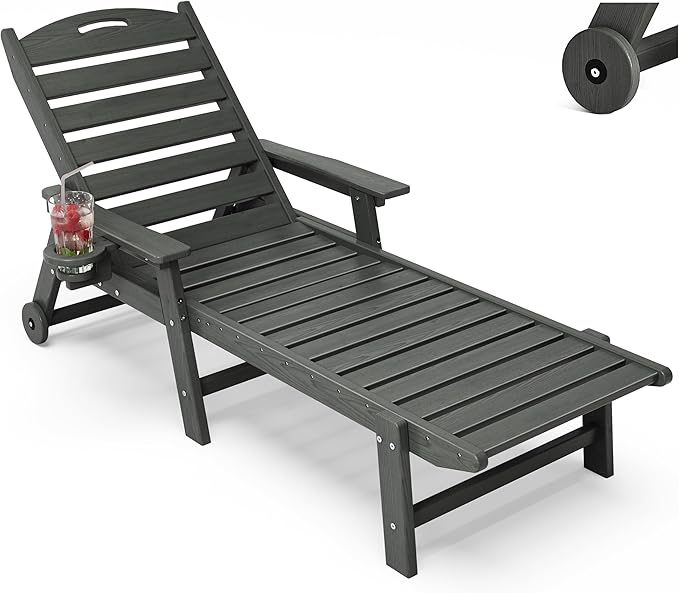 Patio Chaise Lounge Chair, HDPE Outdoor Lounge Chairs with 5-Position Adjustable Backrest, Cup Holder and Wheels, 450lbs Capacity for Poolside Deck Backyard, All Weather Material(Gray)