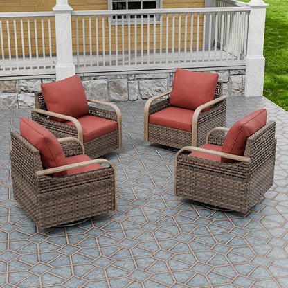 Modern Wicker Outdoor Swivel Rocking Chairs, Rattan Glider Rocker Chairs Patio Furniture for Backyard, Deck, Porch, Garden, 4 Pieces, Brown/Red