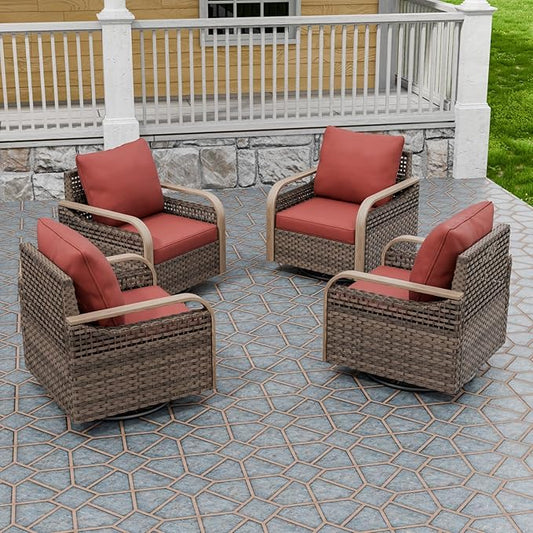 Modern Wicker Outdoor Swivel Rocking Chairs, Rattan Glider Rocker Chairs Patio Furniture for Backyard, Deck, Porch, Garden, 4 Pieces, Brown/Red