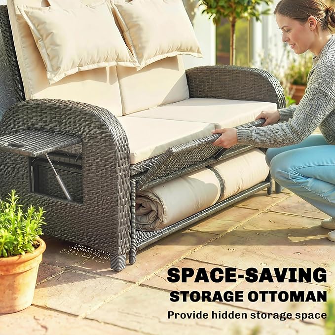 Outsunny Patio Rattan Daybed, Wicker Outdoor Daybed with Storage Ottoman, Loveseat Sofa with Adjustable Backrest - Photo 8