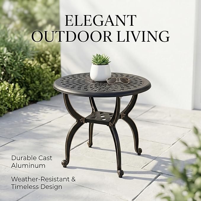 Round Outdoor Coffee Table Set of 2, Cast Aluminum Side Table with Storage,Indoor End Table, All-Weather Bistro Table for Patio Garden Lawn, Black