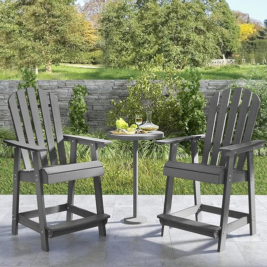 Tangkula Outdoor Bar Stool, HDPE Tall Adirondack Chair with Armrest & Footrest, Weather Resistant 47 Inch Counter Height Barstool Lifeguard Chair for Pool Deck Patio Garden, Balcony Chairs (2, Gray)