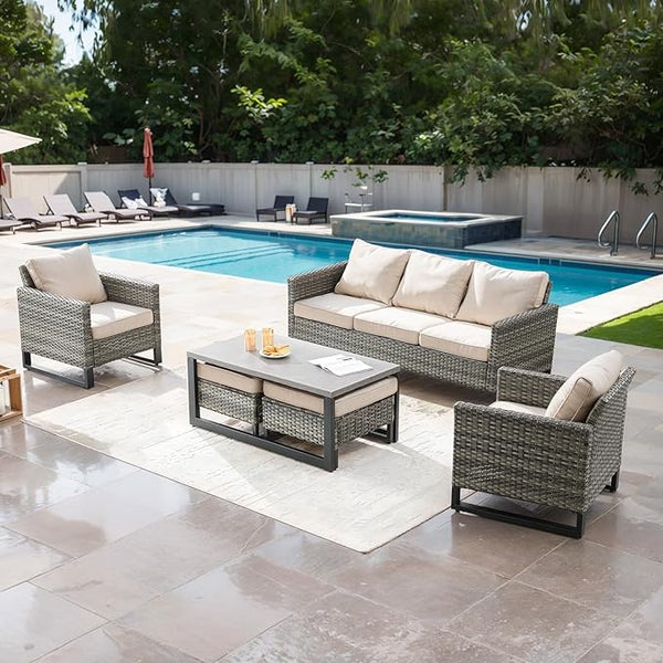 Rilyson Wicker Outdoor Patio Furniture Set - 6 Piece Patio Conversation Set with 2 Armrest Chairs, 2 Rattan Ottoman - Photo 1