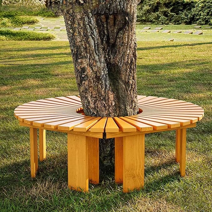 Wooden wrap Around Tree Bench Weatherproof，Semi Circle Garden Bench，Curved Outdoor Bench，for Garden, Park，Patio ，Outside，Plant(Wood,Circle)