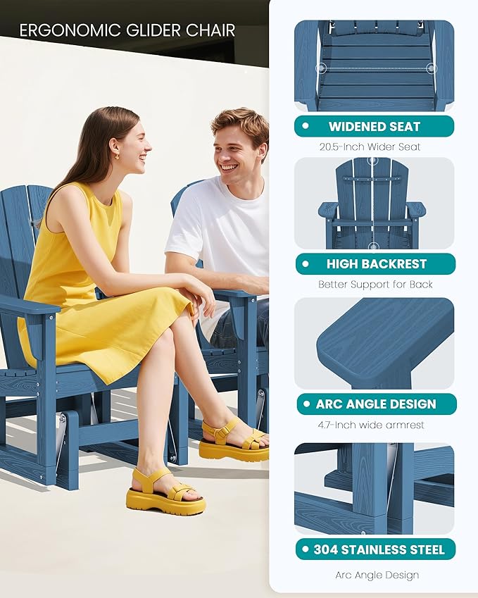 SERWALL Outdoor Glider Chair, HDPE Patio Glider Rocker All-Weather Porch Glider for Outside, Blue - Photo 6