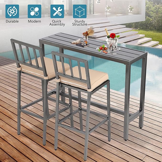 Outdoor Bar Table, Patio Console Pub Height Tables with Powder Coated Steel Frame - Photo 6