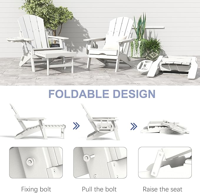 FOOWIN Adirondack Chair with Retractable Ottoman,HDPE Folding Adjustable Adirondack Chair w/4 in 1 Cup Holder Trays,All-Weather Resistant Fire Pit Chair for Outdoor Patio Lawn Set of 8