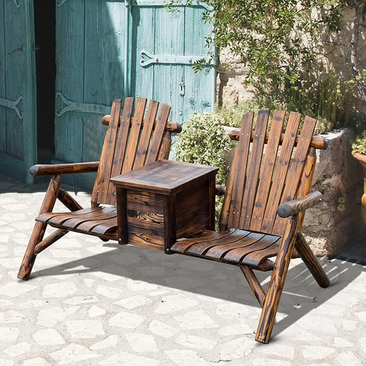 Outsunny Double Wooden Adirondack Chair with Ice Bucket, Outdoor Loveseat with High Backrest, Smooth Armrest, Rustic Brown