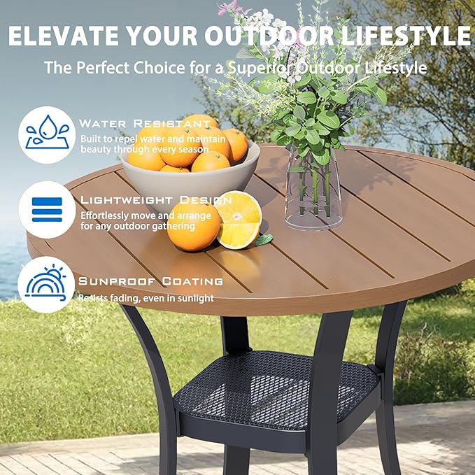 27.5'' Outdoor Patio Table with Storage Shelf, Heavy Duty 400lbs Capacity Round Metal Garden Table, All-Weather Walnut Tabletop for Deck, Balcony, Bistro, 2-4 Person