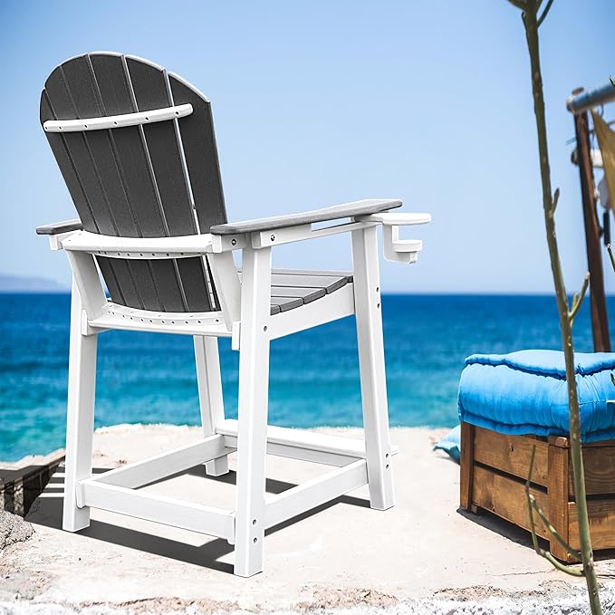 Tall Adirondack Chairs, Adirondack Barstools, Weather Patio Garden Pool Fire Pit Balcony Outdoor Bar Stools HDPE Plastic Barstools with Backs for Garden, Backyard, Yard (Grey)