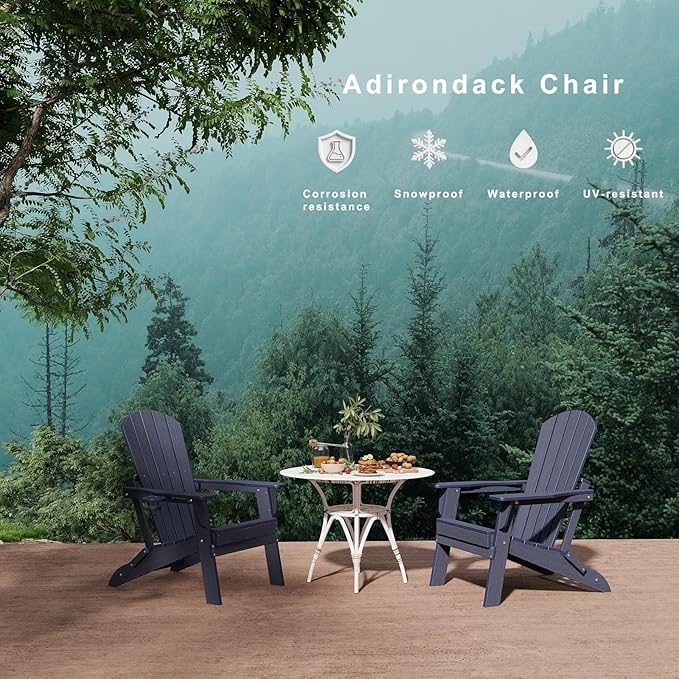 Folding Adirondack Chair，Wooden Textured Fire Pit Chair with Cup Holder, Heavy All-Weather HDPE Plastic Outdoor Patio Chairs for Poolside Backyard Patio Outdoor Garden