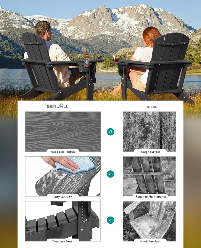 SERWALL Foldable Adirondack Chair Set of 8, Oversized HDPE Adirondack Chair with Wood-Texture-Gray - Photo 5