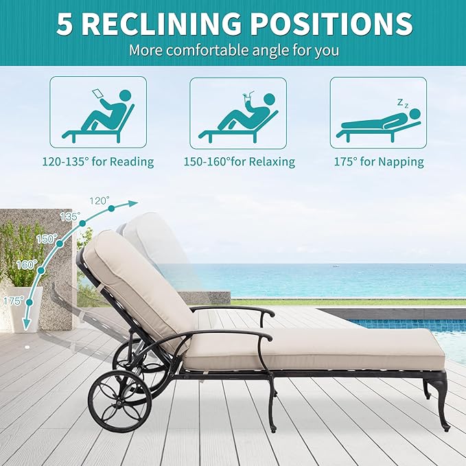 HOMEFUN Outdoor Chaise Lounge Chair with Cushion - Poolside Set of 1 Chair for Outside Cast Aluminum Waterproof Lounger with Wheels and Adjustable Reclining (Beige Cushion)