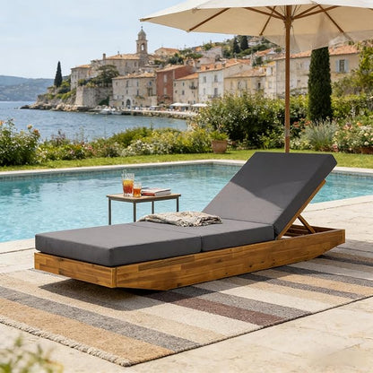 Acacia Wood Chaise Lounge with Cushion - Teak Finish Outdoor Recliner with Dark Gray 3-Fold Water-Repellent Cushion, 300lbs Capacity