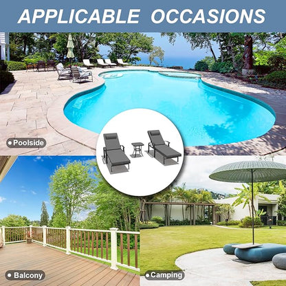 Kurapika Patio Chaise Lounge Set 3 Pieces, Aluminum Outdoor Lounge Chair, Adjustable Backrest, Pool Sunbathing Recliners with Side Table for Poolside Beach, Black
