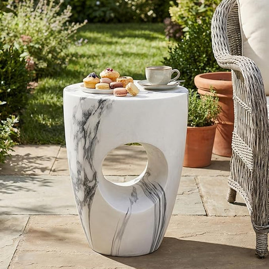 Merax 19.29" H Modern Round MgO Side Table with Cutout Accent, Faux Marble Outdoor Garden Stool & Indoor End Table, Weather Resistant Decorative Accent Table, No Assembly Required, Faux Marble