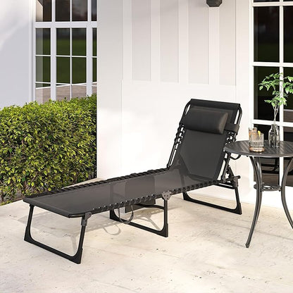 Outsunny Folding Chaise Lounge Chair, Patio Sun Tanning Chair, Outdoor Chaise Lounger with 5-Position Reclining Back, Breathable Mesh Seat for Beach, Poolside, Yard, Black