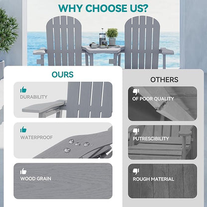 Vongrasig Adirondack Chairs Set of 2 with Removable Tabletop and Footrest, All-Weather HDPE Outdoor Chair Set with Wooden Textured, Cup Holder for Patio, Poolside, Deck, Garden, Light Grey