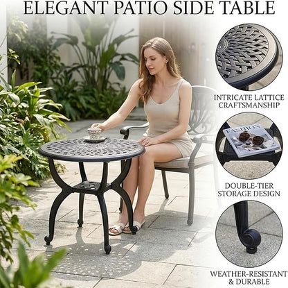 Round Outdoor Coffee Table Set of 2, Cast Aluminum Side Table with Storage,Indoor End Table, All-Weather Bistro Table for Patio Garden Lawn, Black