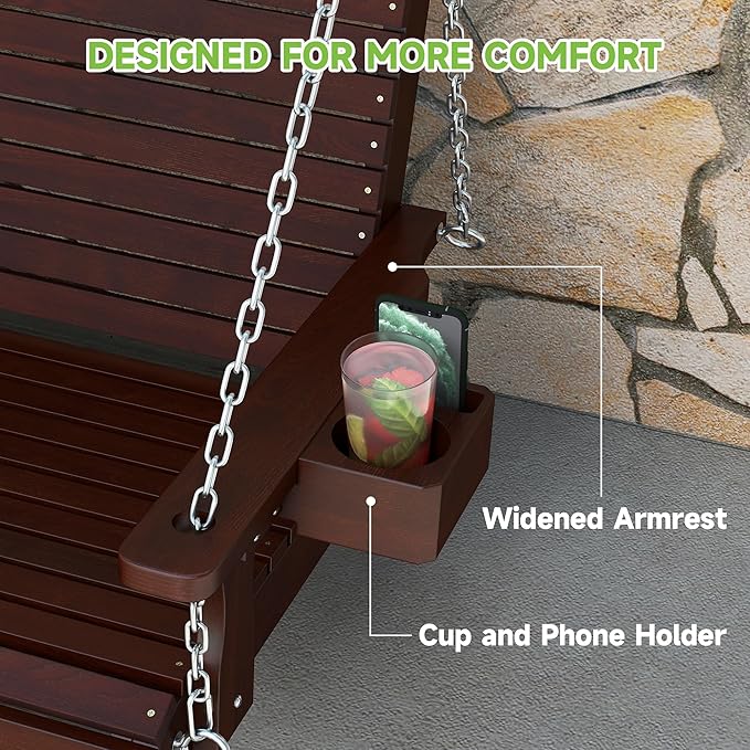 Real Relax Front Porch Swing, Wooden 2-Seater Outdoor Hanging Patio Swing Chair with Cup Holders - Photo 4