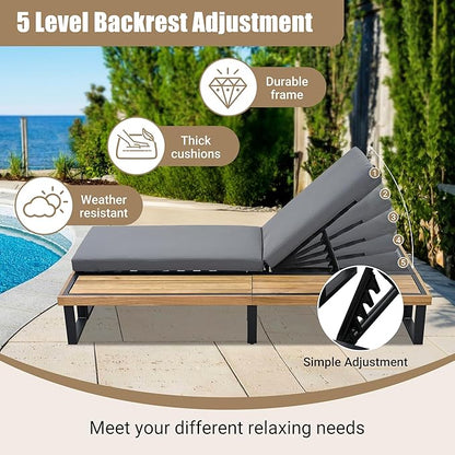 Outdoor Chaise Lounge Chair with 5-Position Adjustable Backrest, Reclining with Cushion, Patio Lounger with Wood Side Table, Sturdy Frame for Poolside, Garden, and Backyard (1, Gray)