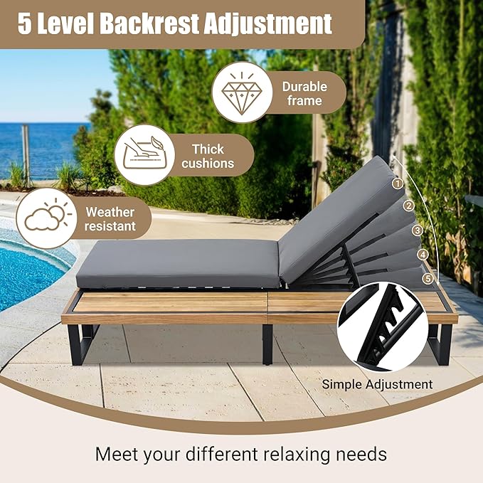 Merax Patio Chairs Set of 2 with Wood Side Table, Wicker Long Reclining Chaise with Adjustable Backrest - Photo 5