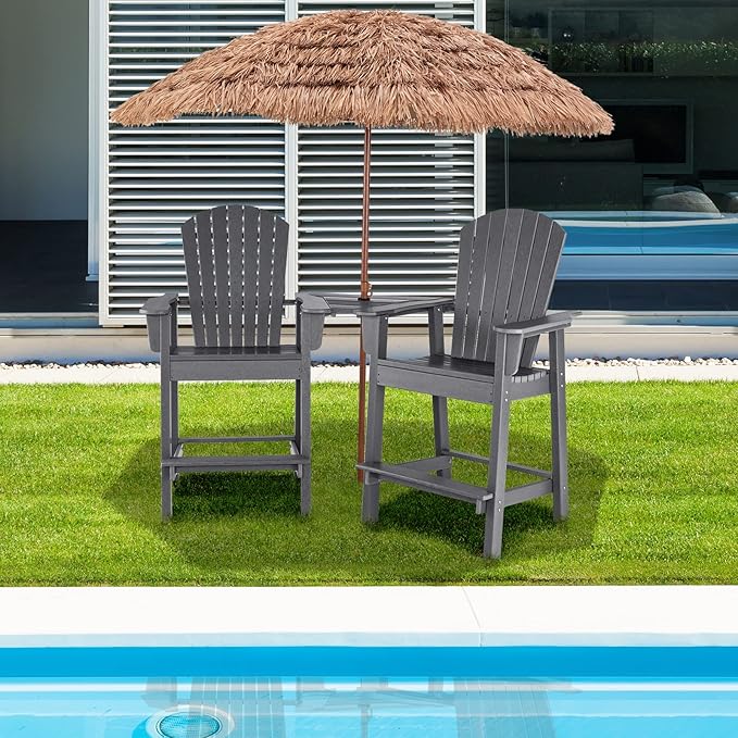 Giantex Tall Adirondack Chair Set of 2 - Outdoor HDPE Barstools w/Middle Connecting Tray & Umbrella Hole, Counter Height Bar Chair, Weather Resistant, Ideal for Patio, Backyard, Poolside (Grey)