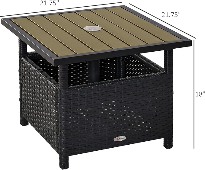 Outsunny 22" Outdoor Side Table with Umbrella Hole, Rattan Wicker End Table with Sand Bag and Steel Frame for Outdoor, Patio, Garden, Backyard, Black & Tan