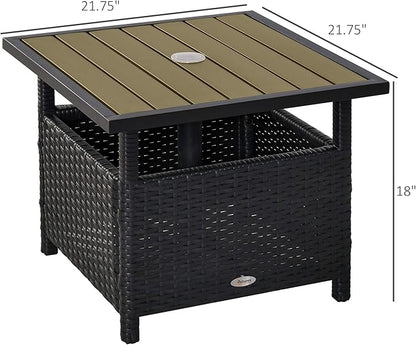 Outsunny 22" Outdoor Side Table with Umbrella Hole, Rattan Wicker End Table with Sand Bag and Steel Frame for Outdoor, Patio, Garden, Backyard, Black & Tan