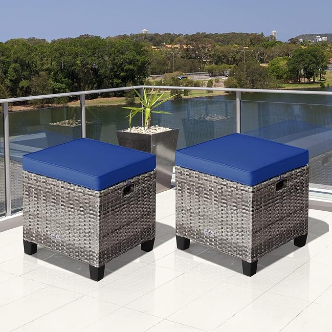 Tangkula 2 Pieces Patio Rattan Ottomans, Outdoor Wicker Footstool Footrest Seat with Soft Cushions and Steel Frame - Photo 5