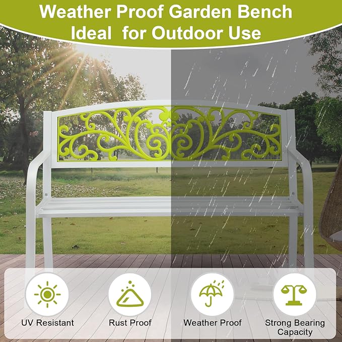 50 Inch Metal Garden Bench for Outdoor Patio, Powder Coated Steel Bench with PVC Backrest & Armrests, Rust-Resistant Park Bench for Yard, Pathway, or Deck – Supports 400 lbs (White + Green)