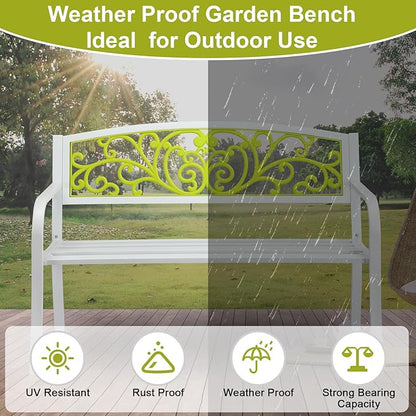 VINGLI Outdoor Bench for Patio Metal Garden Bench w/PVC Back Pattern, Black Park Benches Front Porch Benches for Yard Lawn Decor Deck Entryway (White&Green)
