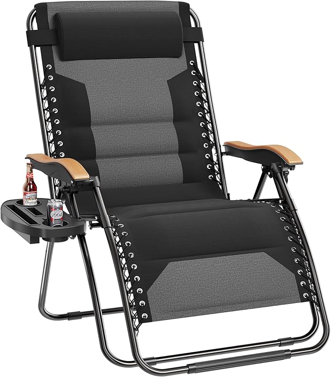 PHI VILLA XXL Oversized Padded Zero Gravity Chair, Foldable Patio Recliner, 30" Wide Seat Anti Gravity Lounger with Cup Holder, Support 400 LBS (Black)