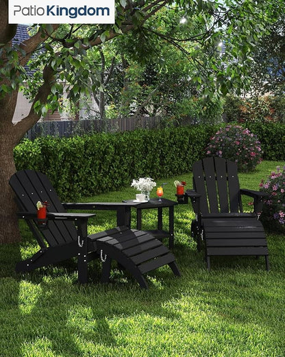 Adirondack Chair with Footrest and Table Set,Folding Chair with Retractable Ottoman,HDPE All Weather Fire Pit Chair with Cup Holder,5-Piece(Black, 2 Chair & 2 footrest & 1 Table)
