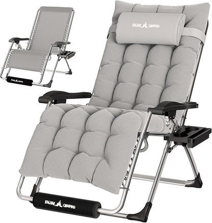 UDPATIO Oversized Zero Gravity Chair 29In XL Patio Reclining Chair with Cushion, Outdoor Folding Recliner with Pillows|Cup Holder|Foot Rest|Padded Headrest, Grey, Support 500LB