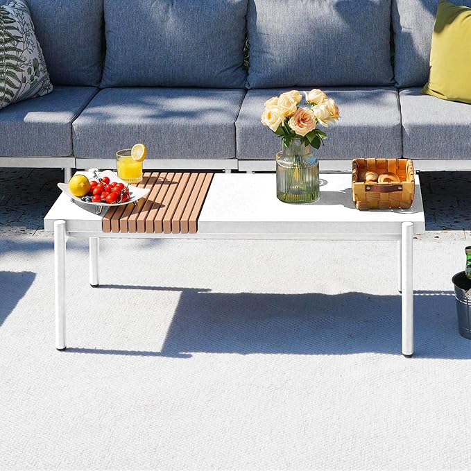 Sundale Outdoor Modern Metal Outdoor Coffee Table with Slatted Wood-Look Tabletop Design, Weather-Resistant Patio Side Table for Garden, Balcony, Poolside(White)