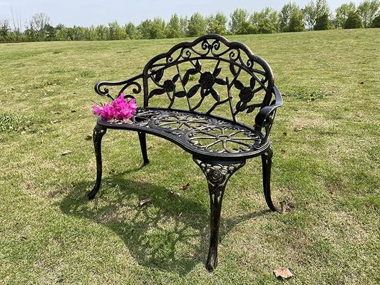Outdoor Bench Park Garden Bench,All Chair Anti Rust Cast Aluminum Patio Yard Bench,Carved Rose Loveseat Bench for Backyard .Porch.Balcony.Lawn (Black)