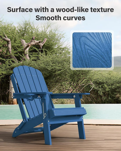 YEFU Adirondack Chair Set of 4 for Outdoor: Folding Plastic Composite Chair with Cup Holder for Patio - All-Weather Foldable Adjustable HDPE Fire Pit Adirondack Chairs - Modern Wood Texture