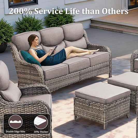 Luxury Patio Furniture Set with 42.5" Fire Pit Table, 8 Pieces High Back All Weather Wicker Outdoor Furniture w/ 6-Inch Thick Cushions, Patio Swivel Chairs Couch for Deck Balcony Backyard Grey