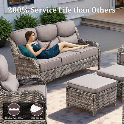Luxury High Back Patio Furniture Set with 6-Inch Thick Cushions, 6-Pieces Outdoor Furniture with Swivel Chairs and Side Table, Wicker Conversation Set for Porch, Balcony, Deck and Yard, Grey