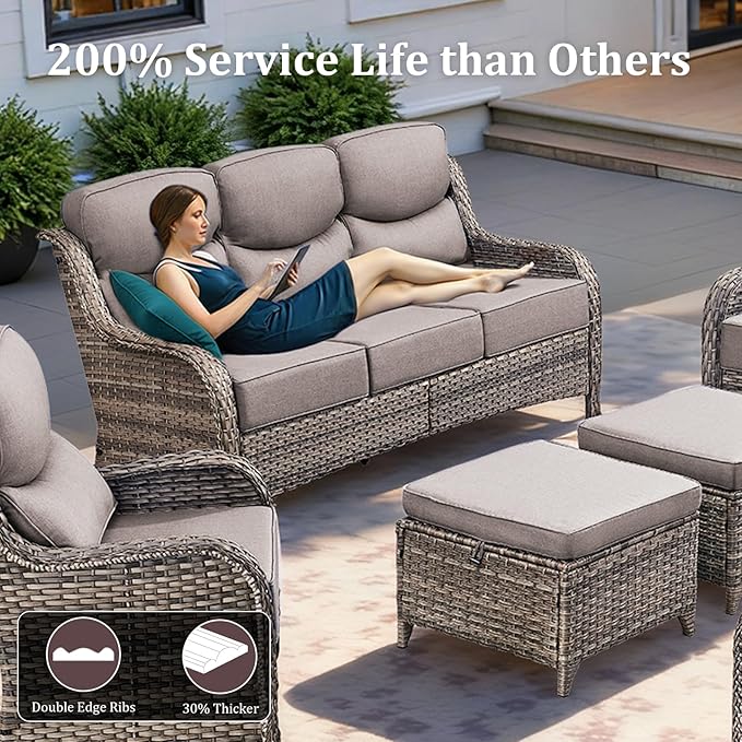 3PCS Patio Furniture Sofa Set with 6" Thick Cushions, High Back Wicker Sectional Outdoor Sofa with Ottomans - Photo 5