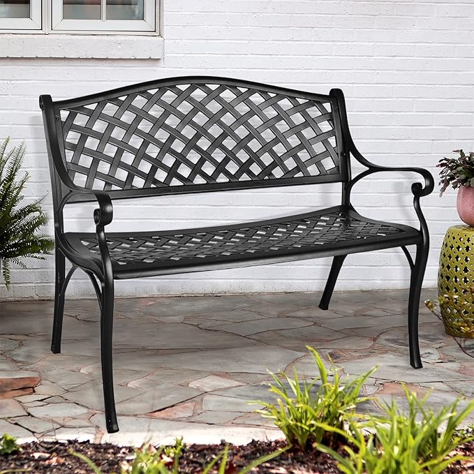 Outdoor Patio Garden Bench All-Weather Cast Aluminum Loveseats Park Yard Furniture Porch Chair for Patio Park Path Yard - Photo 1