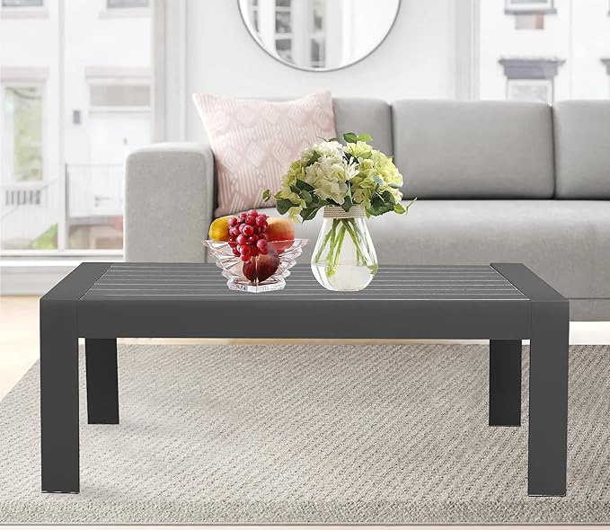 All-Weather Aluminum Outdoor Coffee Table, Modern Rectangle Patio Coffee Table for Balcony Garden, Deep Grey - Photo 6